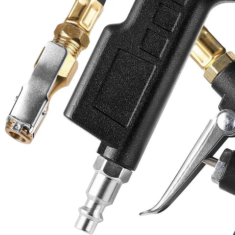Close-up of Tire Inflator Deflator Gauge With Two And A Half Inch Dial, Brass Lock On Chuck, 13 Inch Rubber Hose, 0-220 PSI Range, All In One Air Pressure Tool for RV Car Motorcycle Bike showing brass chuck and black handle.