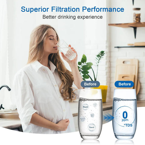 Woman drinking water with Brita And Mavea Compatible Water Filter Replacement Pack for Pitchers and Dispensers, improved taste.