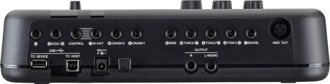 Rear view of Electronic Drum Trigger Module Made For Drummers With 70 Customizable Kits, USB ports, MIDI input, and RS6 rack connectors.