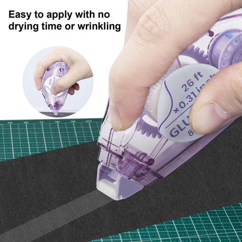 Hand using Double Sided Scrapbooking Tape Runner 4 Pack, 26 Feet By 0.31 Inch, Great For Crafts And Junk Journals, Glue Tape For Photos And Card Making.