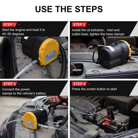 Steps to use Heavy Duty Smooth Operator 12V 60W Oil Extractor Pump For Cars and Pickup Trucks with battery connection and extraction process.