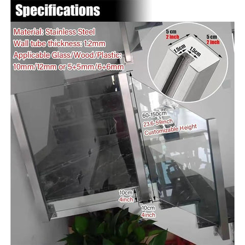 Specification details for Kickass 304 Stainless Steel Glass Railing Side Support Bracket with measurements and material info.