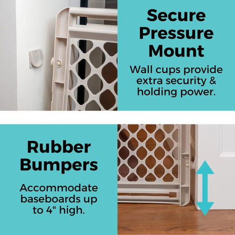 Top Shelf Adjustable Baby Gate For Kids And Toddlers Heavy Duty Plastic Child Safety Barrier Offering No Fuss Installation Fits 26 To 42 Inch Openings With Pretty Sweet Doorway Guard Design In Sand Finish showing secure pressure mount and rubber bumpers.