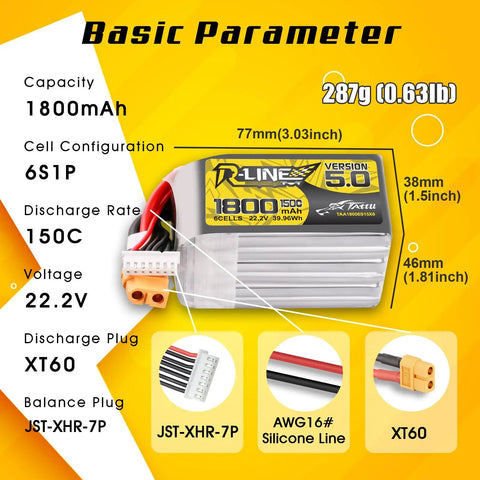 R Line Version 5.0 6S LiPo Battery 22.2V 150C 1800mAh With XT60 Plug For RC, detailed specifications illustration