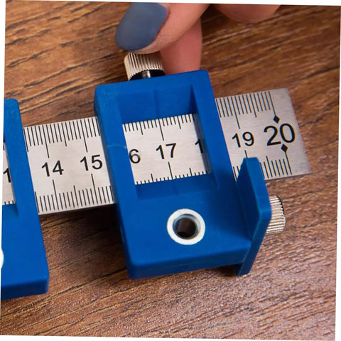 Straight Shot Precision Adjustable Woodworking Jig For Cabinet Hardware Portable Hole Punch Locator, blue measuring tool with slider.