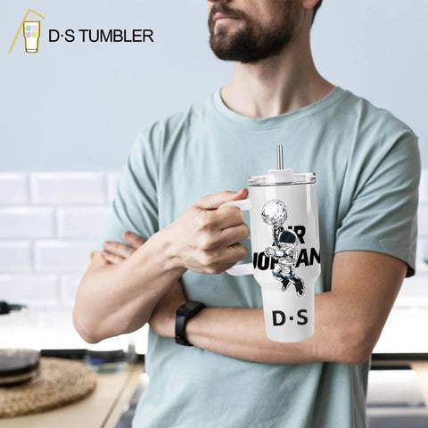 Man holding 8 Pack 40 Oz Sublimation Tumblers With Handle Stainless Steel Blank Insulated Travel Mugs For DIY Heat Press Printing