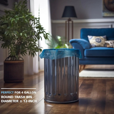 Small 4 Gallon Compostable Trash Bags, Unscented, Leak Proof Biodegradable Wastebasket Liners, Blue, 100 Count on trash can