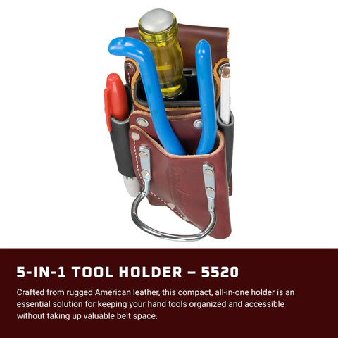 5-In-1 Tool Holder OxyRed With 5x Tool Capacity And 2003 Oxy Shield, fits belts up to 3 inches wide, American leather
