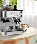 Grind To Order Freshness With This All In One Espresso Machine packing a built in conical burr mill on a kitchen table.