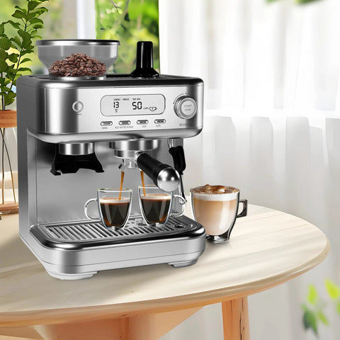 Grind To Order Freshness With This All In One Espresso Machine packing a built in conical burr mill on a kitchen table.