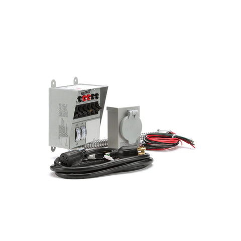 30 Amp 6 Circuit Pro Tran Transfer Switch Kit For Generators Up To 7500 Watts Plug And Power Up For Home Or Office Easy Install And No Fuss Reliable Backup Generator Transfer Solution showing switch, power inlet, cord, and wires