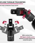 Diagram of Heavy Duty Universal Joint Socket Reducer Set showing 360-degree rotation and torque control features