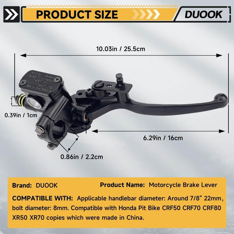 Universal Right Hydraulic Brake Lever Master Cylinder For 50cc To 250cc Scooters Mopeds ATVs Dirt Bikes And Quads Seven Eighths Inch Handlebar Diameter Aluminum Alloy Construction Easy Install Aftermarket Replacement Part.