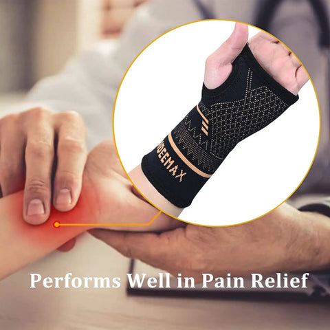 Copper Wrist Compression Sleeve 1 Pair For Pain Relief And Support, highlighted in a doctor's office, emphasis on pain relief