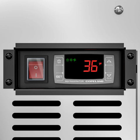 Digital control panel and temperature display of Top Shelf 82 Inch Commercial Deli Case And Meat Display Refrigerator.