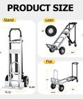 4 In 1 Convertible Hand Truck With 1000 Lb Capacity, Foldable Dolly Cart That Converts To Flatbed, 2 Wheel Hand Truck, And 4 Wheel Dolly, Built With A3 Steel Tube And Aluminum Alloy, Rugged Workhorse For Warehouses, Supermarkets, And Offices, Black; size chart showing stand, lean, and flat modes