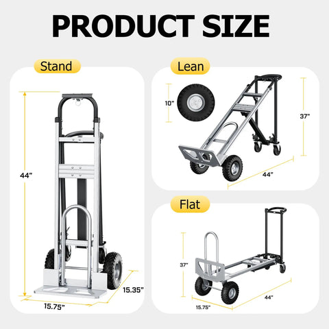 4 In 1 Convertible Hand Truck With 1000 Lb Capacity, Foldable Dolly Cart That Converts To Flatbed, 2 Wheel Hand Truck, And 4 Wheel Dolly, Built With A3 Steel Tube And Aluminum Alloy, Rugged Workhorse For Warehouses, Supermarkets, And Offices, Black; size chart showing stand, lean, and flat modes