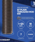 Grade B7 Unfinished Threaded Rod One And A Quarter Inch 18 Inch 7 Threads Per Inch Coarse UNC All Thread Rods Heavy Duty