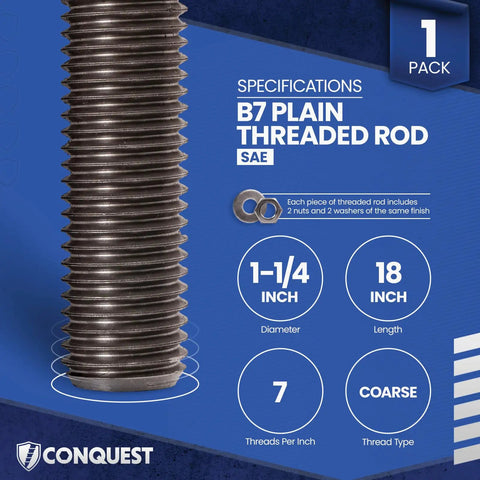 Grade B7 Unfinished Threaded Rod One And A Quarter Inch 18 Inch 7 Threads Per Inch Coarse UNC All Thread Rods Heavy Duty