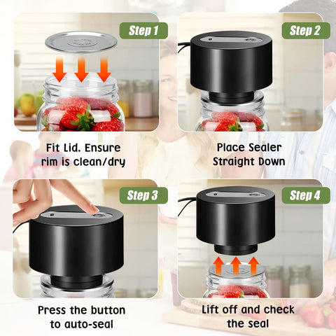 Gurithe Electric Mason Jar Vacuum Sealer With Smart Auto Stop Technology For Fresh Food Storage steps for sealing jars with fresh strawberries