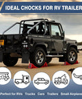 4 Pack Wheel Chocks For Trailers And RVs, High Visibility Red chocks securing SUV on sand, showing non-slip base use