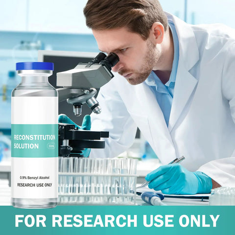 Front view of a 30 mL glass vial labeled Reconstitution Solution in a laboratory scene with a scientist using a microscope.