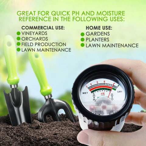 Hand holding All-In-One Soil pH And Moisture Meter for garden use, with gardening tools on soil.