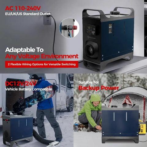 Kick Some Major Heat With This Upgraded 8Kw Portable Diesel Heater with Bluetooth control and AC outlet for versatile use.
