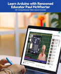 All In One Arduino Starter Kit With Uno R4 WiFi Bluetooth IoT ESP32 LCD1602 OLED 300 Plus Components 60 Plus Free Video Lessons 50 Projects RoHS Compliant Online Tutorials And Video Courses For Beginners And Engineers on laptop screen with Paul McWhorter teaching