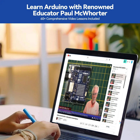 All In One Arduino Starter Kit With Uno R4 WiFi Bluetooth IoT ESP32 LCD1602 OLED 300 Plus Components 60 Plus Free Video Lessons 50 Projects RoHS Compliant Online Tutorials And Video Courses For Beginners And Engineers on laptop screen with Paul McWhorter teaching