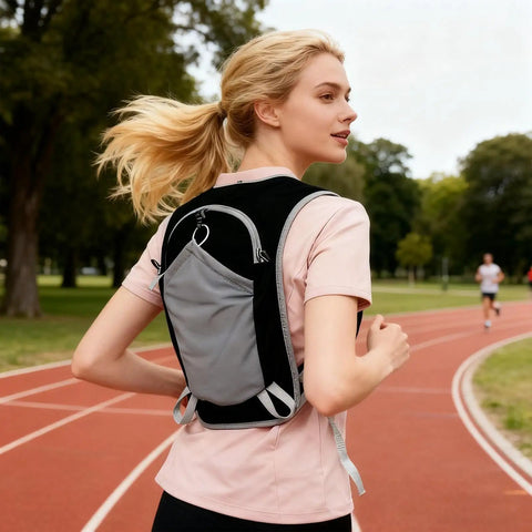 Woman running with Lightweight Hydration Backpack For Outdoor Adventures With Waterproof Phone Pocket And Large Multi Pocket Layout