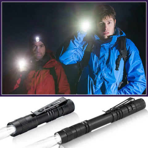 Mini LED Flashlight With Clip, Pocket Sized And Water Resistant for night hikes and camping, men using penlight, aluminum penlight shown