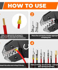 Step-by-step usage of 5-In-1 Wire Crimping Tool Ratcheting Crimper For AWG 28-16 Non-Insulated Open Barrel Terminals.