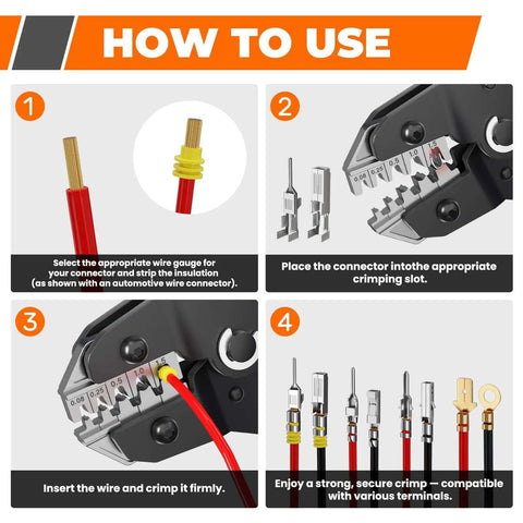 Step-by-step usage of 5-In-1 Wire Crimping Tool Ratcheting Crimper For AWG 28-16 Non-Insulated Open Barrel Terminals.