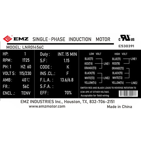 Label of Heavy Duty One Horsepower Boat Lift Motor With 56C C Face Rigid Base detailing specifications and wiring instructions.