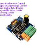 Six-Channel Servo Controller Board With PWM Speed And Angle Adjust, 4-digit display, and control knobs on a circuit board