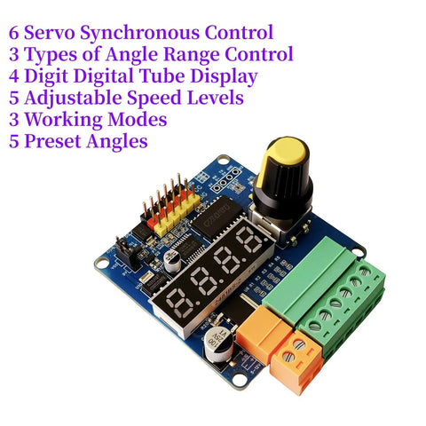 Six-Channel Servo Controller Board With PWM Speed And Angle Adjust, 4-digit display, and control knobs on a circuit board