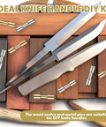 20 Sets Brass And Stainless Steel Bracket Bolt Fasteners With Four Ironwood Knife Handle Scales And 6 mm Knife Handle Pins For DIY Knife Making And Woodworking Projects Kit displayed with knives