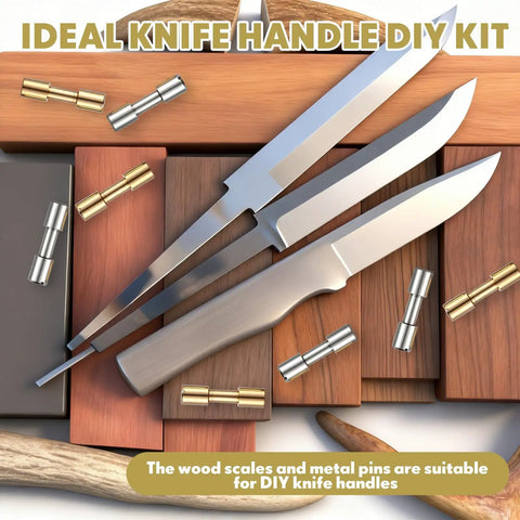 20 Sets Brass And Stainless Steel Bracket Bolt Fasteners With Four Ironwood Knife Handle Scales And 6 mm Knife Handle Pins For DIY Knife Making And Woodworking Projects Kit displayed with knives