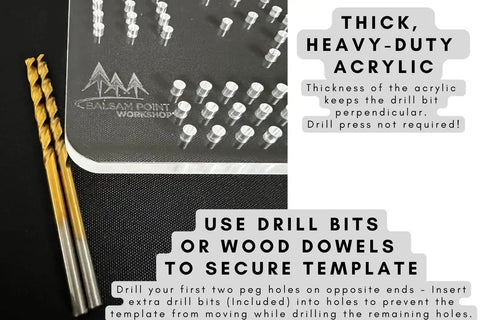 Keep It Simple And Nail The Layout With This Heavy Duty Acrylic Cribbage Template Router Jig Drilling Guide For Smooth Woodworking DIY Game Creations Today showing thick acrylic template with drill bits.