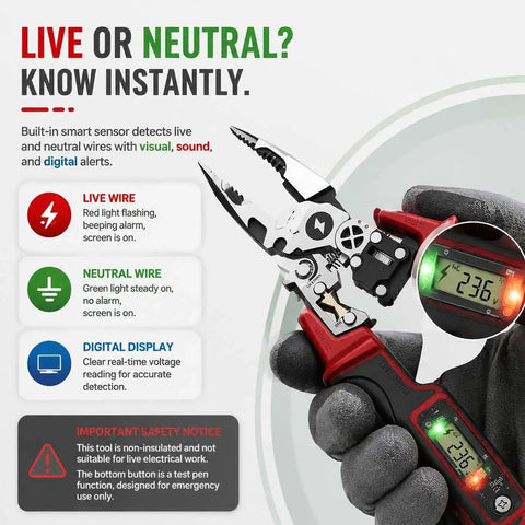 4-In-1 Wire Stripping And Testing Pliers With LED Digital Voltage Tester, 12-250V Multi-Function Electrical Tool For Stripping, Cutting, Crimping, And Wire Testing, Pro-Grade Hand Tool For Electricians And DIYers, Red, shown with live/neutral display