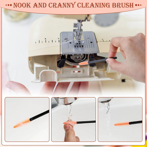 Close-up of using complete 14 piece sewing machine cleaning kit with tweezers double headed brush for quick repairs and deep cleaning.