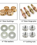 Components of Door Hinge Roller Pin And Bushing Repair Kit For Chevy GMC 1999-2007 Trucks And SUVs, including pins, bushings, washers, and nuts.