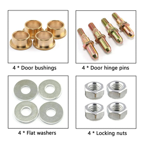 Components of Door Hinge Roller Pin And Bushing Repair Kit For Chevy GMC 1999-2007 Trucks And SUVs, including pins, bushings, washers, and nuts.