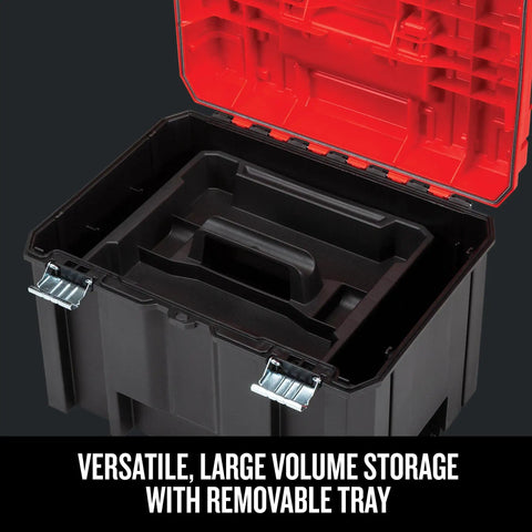 VersaStack Deep Tool Box Lockable 17 Inch Organizer With Removable Tray And IP54 Water Dust Protection open showing storage tray