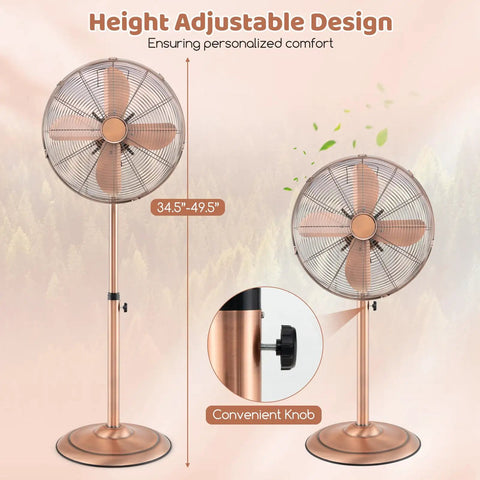 16 Inch Metal Pedestal Fan With Adjustable Height, 3 Speed Options, 75 Degree Oscillation And 20 Degree Tilt, Copper Finish