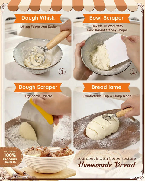 All In One Sourdough Starter Kit For Beginners With No Fuss Easy To Clean Tools Including Round 9 Inch Proofing Basket and Dough Tools
