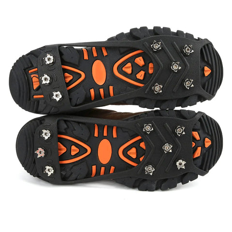 Eight-Tooth Ice Crampons with Flexible Silicone Cover for Shoes visible with stainless steel spikes on soles