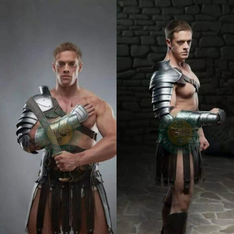 Medieval Single Pauldron Spartacus Cosplay Armor Arm Sleeve for LARP Gladiator Knight Costume Silver Metal Full Arm Sleeve on a model