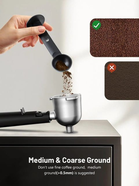 No Fuss Compact Espresso Machine With Fast Milk Frother And Smart Preheat Setup For Hot Lattes And Iced Coffee 800 Watt Power demonstrates correct coffee grounds.
